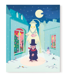 Illustration der Weihnachtsgeschichte mit Ebenezer Scrooge der unter einem Geist im Schnee steht