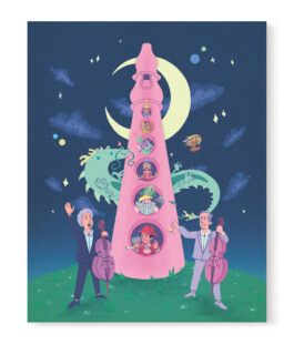 Illustration der Zauberflöte, aus deren Löcher verschiedene Charaktere der Geschichte schauen